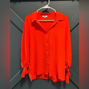 Women's Red/Orange Oversized Button-Up High Low Top